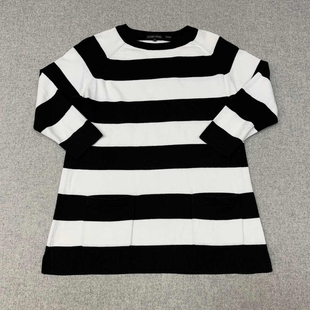 Jeanne Pierre | Sweater Tunic | Medium | Black White | Striped Cotton Pockets